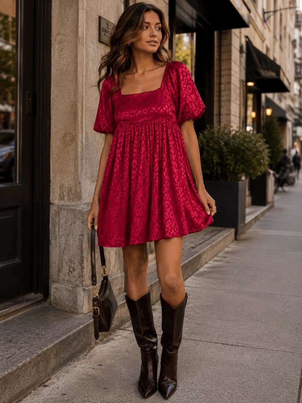 "Shop Neighbor" Women's Short Puff Sleeve Square Neck Fit & Flare Mini Dress